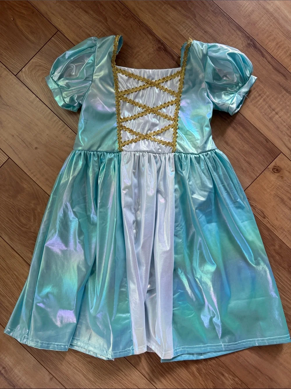 Girls Shimmery Aqua Princess Costume Dress with Gold Trim